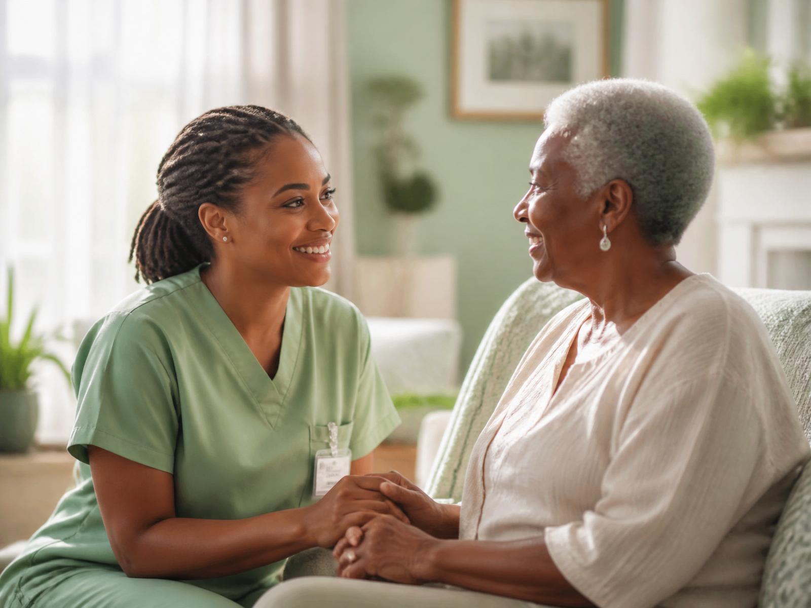 A Black Guardian Angel Home Health Care, Inc. caregiver gently holding hands with a smiling Black senior client in a sunlit living room